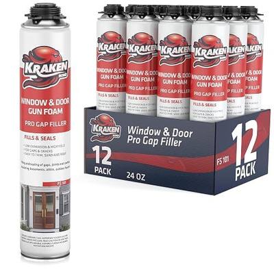 Kraken Bond Window & Door Expanding Foam Sealant - (12x24oz) Professional Gap Filling Gun Use Polyurethane Spray Foam, Low Expansion Waterproof Gap Filler, Gun&Cleaner NOT Included - 12 Pack