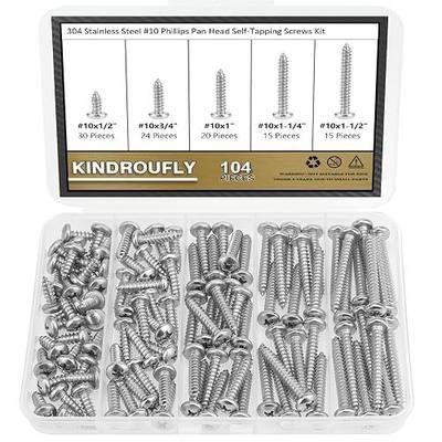 104 Pieces #10 x 1/2" 3/4" 1" 1-1/4" 1-1/2" Phillips Pan Head Self-Tapping Screws, Wood Screws Assortment Kit, 304 Stainless Steel