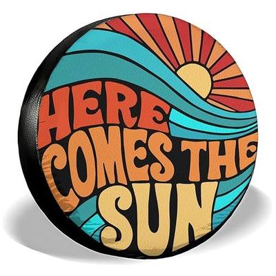 GENANY Hippie Here Comes The Sun Size 15 Premium PVC Leather Spare Tire Cover, Universal Fit for RV Camper Trailer, Dustproof, Waterproof Tire Cover with No Camera Hole, Spring Car Decor