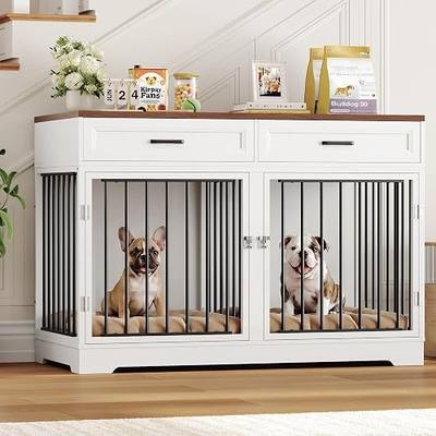 Dog Crate Furniture 47" Wooden Dog Kennels for Dogs Indoor with a Removable Divider for Large/Medium/Small Dogs, 2 Storage Drawers and Large Tabletop Dog Cages Double Doors Dog House, White