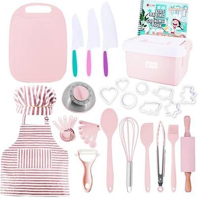 JoyTown Kids Cooking and Baking Set with Storage Case –Complete Cooking Supplies for the Junior Chef with Cookbook, Knives, Timer, Kids Baking Kit for Girls & Boys – Real Utensils Accessories - Pink