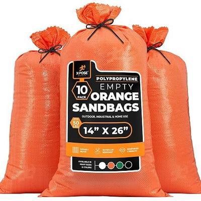 Xpose Safety Heavy Duty Sand Bags with Tie Strings – Empty Woven Polypropylene Sandbags for Hurricane Flood Protection, 50 lb Capacity, 14" x 26", Orange, Pack of 10