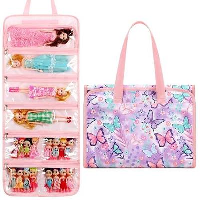 Toy Dolls Storage Bag Tote Carrying Case Compatible with LOL Surprise Toys Dolls Omg, Hanging Organizer Storage Bag with 8 Clear Window Pockets, Bag Only (03-Butterfly Purple)