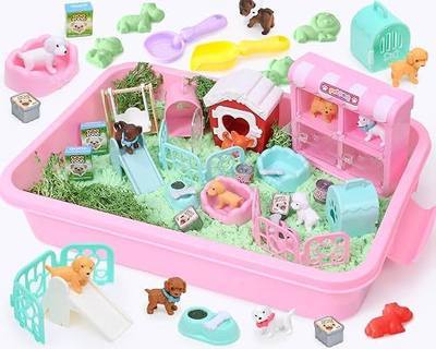 Lorfancy Dog Sandbox Toys Kids Play Sand Kit Toddler Sensory Bin Toy 2.2lbs Sand Pet Dog Figures Care Role Pretend Play Beach Toy Birthday Gift for Girls Boys 3 4 5 6 7 8 Years Old