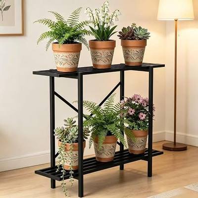 Zhongma 2 Tier Window Height Metal Sturdy Heavy Plant Stand, Narrow Plant Stand Indoor and Outdoor, L35.43 x W10.3 x H27.5 inch, 440 LBS Capacity & Heavy Duty Construction