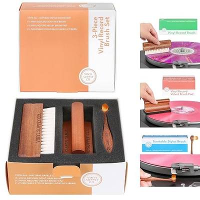 3-In-1 Ultimate Vinyl Record Cleaning Kit - 100% All-Natural Sapele Mahogany Wood Cleaning Kit With Goat Hair Brush, Velvet Pad, And Stylus Cleaner