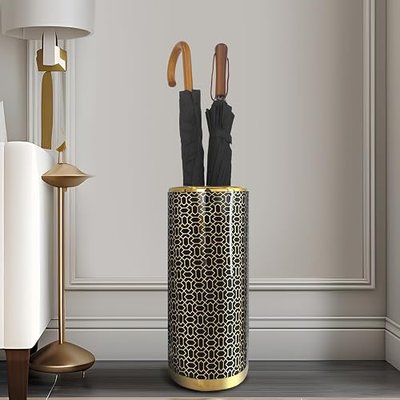 ZOEJADE 18" High Black Gold Umbrella Stand Entryway Walking Stick Holder | Minimalist Luxury Ceramic Umbrella Stand Porcelain Floor Vase for Entryway Porch Indoor Holds Canes and Walking Sticks