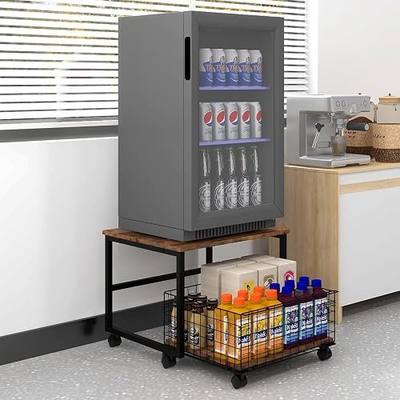 PUNCIA 19.7"x19.7" Mobile Fridge Stand with Foldable Basket, Retro | Rolling Mini Fridge Stand with Lockable Wheels Heavy Duty Refrigerator Cart Appliance Table for Dorm Bedroom Apartment