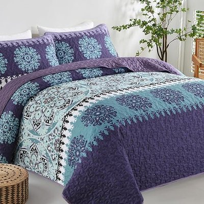 Xruibed Boho Quilt Set Queen Purple Bohemian Stripe Pattern Quilt Coverlet Set Boho Stripe Bedspread with 2 Pillow Shams Soft Bedding Quilt Set for Teens Adults (96"x 90")
