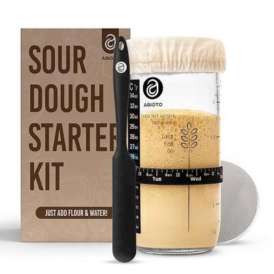 ABIOTO Sourdough Starter Kit, Includes 24 oz Sourdough Starter Jar with Metallic Lid, Silicone Spatula, Feeding Tracker, Extra Thermometer Strips & Breathable Covers - Sourdough Bread Starter Kit