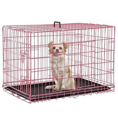 Dog Crate Dog Kennel Cage for Small Dogs, 24" Portable Foldable Indoor Outdoor Large Double Door Wire Metal Puppy Cat Pet Dog Cage with ABS Tray LC & Divider, Pink