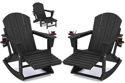 KINGYES Adirondack Rocking Chair Set of 2 with Retractable Ottoman and Cup Holders, HDPE Adirondack Rocker Patio Rocking Chair for Porch, Patio, Balcony, Black
