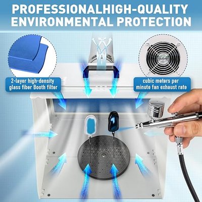 Autolock Airbrush Lighted Hobby Spray Booth Kit, Paint Booth with 3 LED Lights and 2 Pieces Filter and Filter Hose, 6 Metal Clips, Large Capacity Portable Spray Booth for Model Cake Craft Toy Part
