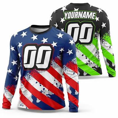 Custom Motocross & BMX Jersey, USA Flag Dirt Bike Shirt, Upload Logo | Choose Your Color, Add Name & Number, Patriotic Design, Toddler Youth & Adult 18M-5XL, Long & Short Sleeve, Made in USA