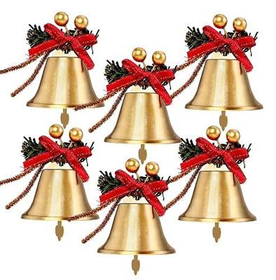 Christmas Gold Bells, 6pcs 2.4in Metal Gold Jingle Bells with Red Bow and Berry Tree Hanging Ornament, Xmas Ornament Ringbell for Christmas Tree Pendant Holiday Decoration