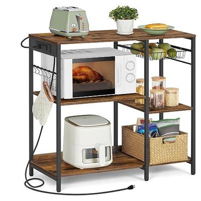 VASAGLE Baker's Rack, Coffee Bar Stand with Charging Station, 35.6 Inches Tall, Storage Shelves, Pull-Out Wire Basket, Table for Microwave, Kitchen, Rustic Brown and Ink Black UKKS036K01