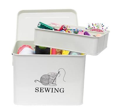 Industrial White 2-Tier Sewing Box, 9.2" x 7.2" x 7" - Sewing Supplies Organizer with Removable Tray & Reinforced Handles