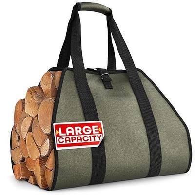 Water-Resistant Firewood Carrier Bag – 39.4"x18.5" Waxed Canvas Log Carrier for Firewood, Open-Ended Design, Large Capacity Wood Tote with Padded Handles, Buckle Strap & Folds Flat for Easy Storage