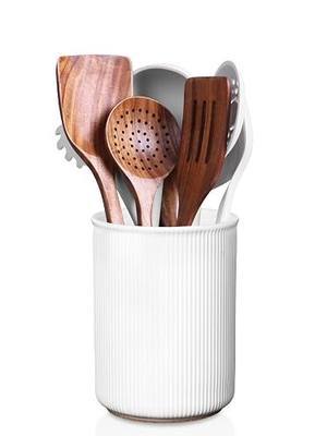 LoeJan 6.7" Utensil Holder, Ceramic Kitchen Utensil Holder with Cork Bottom, Large Utensil Crock for Countertop, Vintage Cooking Tool Organizer Set for Kitchen Counter Decor(White)