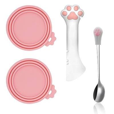SJANE Cat Food Can Spoons & Can Lids | 4 Pcs | Multi-function Opener | Silicone Pet Food Covers | Stainless Steel Wet Food Spoon for Cats and Dogs(Pink)