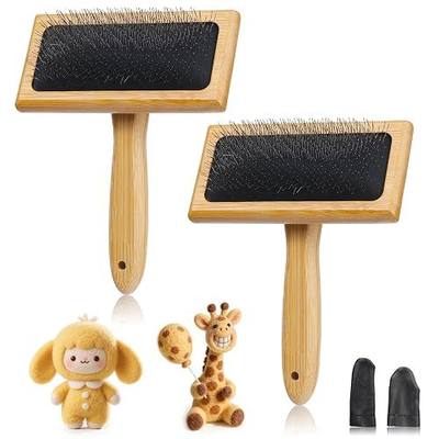 2 Pcs 6.06" x 4.8" Large Wooden Wool Carders for Needle Felting | Needle Felting Carding Brushes with Finger Cots, Smooth Wooden Handle for Wool Felting, Hand Spinning And Pet Grooming
