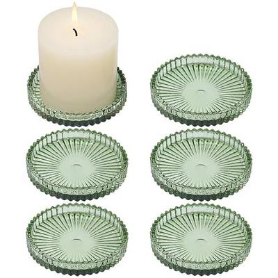 Glass Pillar Candle Holder, 4" Green Candle Plates Set of 6, Glass Candle Holders for Wedding, Party, Holiday, Home Decor, Table Centerpiece