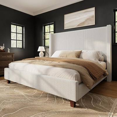 HOWE King Size Bed Frame with 50.8 Inch Corduroy Wingback Headboard, Cream | Modern Style, Solid Wood Slats, No Box Spring Needed, Quiet Support