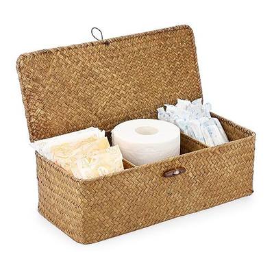 Sumnacon Small Woven Basket for Shelf, Wicker Shelves Storage Baskets with Sections Seagrass Storage Bin with Lid for Tampon Toiletry Rectangular Storage Basket for Bathroom Table Desk Caramel