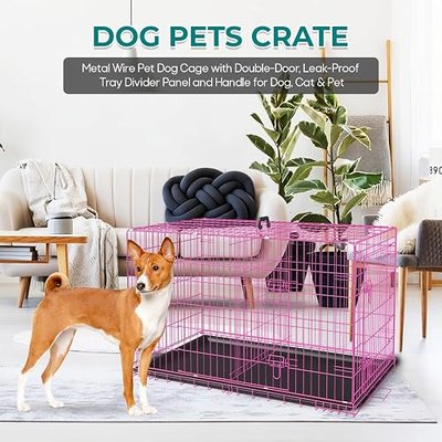 30 Inches Dog Crate Large Foldable Dog Kennel Metal Wire Pet Dog Cage with Double-Door Leak-Proof Tray Divider Panel and Handle for Dog Cat Pet,Pink 30”X19.5”X16.5”