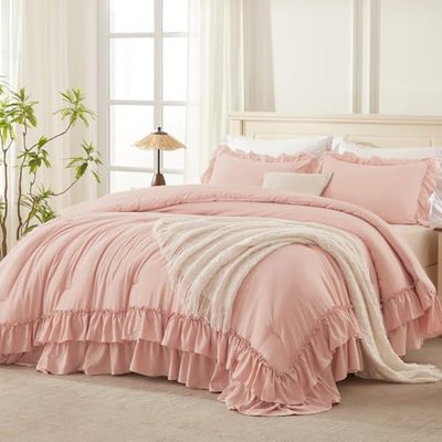 Andency Blush Ruffle Comforter Set Queen Size, 3 Pieces