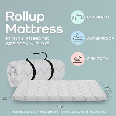 Babylicious Waterproof Pack and Play Mattress Pad - 38" x 26" | Roll Up Style - Breathable Soft Memory Foam - Portable Mattress Topper- Baby Foam Mattresses for Babies - Includes Easy Carry Buckle