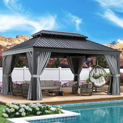 Aoxun 12' X 16' Hardtop Gazebo with Drainage System, Aluminum Outdoor Gazebo with Galvanized Steel Double Roof, Patio Permanent Metal Pavilion with Netting, for Garden, Deckyard, Grey
