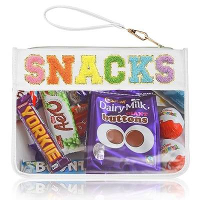 Snack Bag Clear Chenille Varsity Letter Zipper Pouch for Travel Nylon Clear Cosmetic Bag Makeup Travel Bag for Women (White-Snacks)