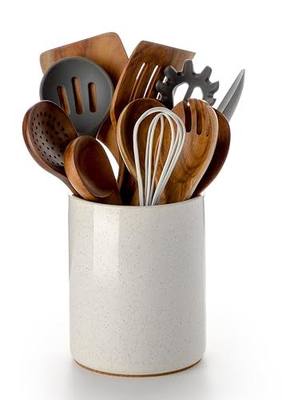 Nucookery Utensil Holder, 6.4" Ceramic Kitchen Utensil Holder for Countertop with Protection Cork Bottom, Vintage Farmhouse Kitchen Decor for Counter, Gift (Sand)
