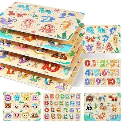 GRINNNIE Wooden Puzzles for Toddlers 3 4 5 Years Old, Montessori Toddler Toys 5PCS Peg Puzzles with Knob - Number, Alphabet, Shape, and Animal, Great Christmas Birthday Gifts for Boys Girls