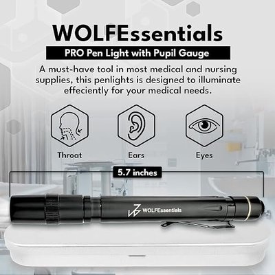 WOLFEssentials - PRO Pen Light with Pupil Gauge, Aluminum Pen Lights for Nurses, Doctors, Paramedics & More, Medical/Nurse Essentials with 2 AAA Batteries Included, 2.89 oz, Black