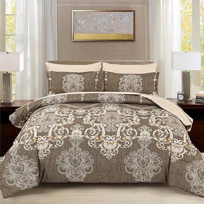 Mybedsoul King Size comforter set, 7 Pieces Boho Bed in a Bag for King Bed, Brown Damask Comforter Set with Sheet, Pillowcases & Shams, Soft Microfiber Lightweight Bedding Set for All Season(90"x104")