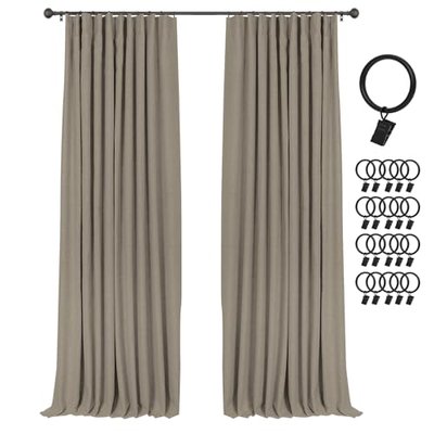 INOVADAY 100% Blackout Curtains for Bedroom, Black Out Curtains 120 Inch Long, Clip Rings Linen Blackout Drapes, Thermal Insulated Room Darkening for Living Room, 2 Panels - Black,W50xL120
