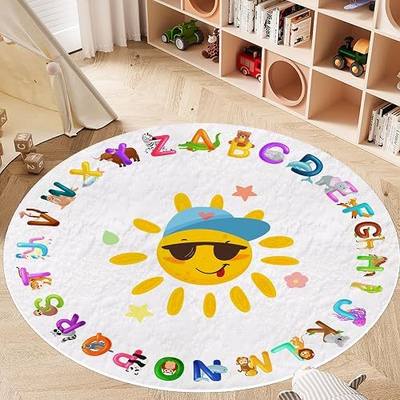 Round ABC Alphabet Animals Educational Rug Kids Area Rug Washable Nursery Rug for Kids Bedroom Non-Slip Play Mat Ultra Soft Non-Slip Carpet Indoor Mat for Classroom Playroom (4FT)