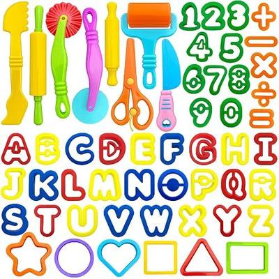 Dough Tools 55 PCS Dough Play Tools Set for Kids, Plastic Alphabet Numbers Shapes Cutters, Rollers, Scissors