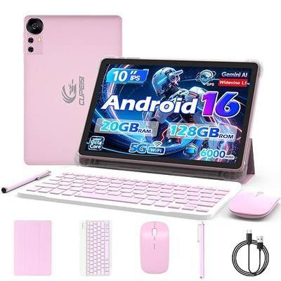 CUPEISI Android 16 Tablet 10 Inch, 20GB RAM+128GB ROM/ 2TB Expandable, 2.0GHz Octa-core Processor, 1280*800 HD Screen, 5G WiFi6 BT 5.0, 2 in 1 Tablets with Keyboard Case Mouse Stylus, Widevine L1 Pink