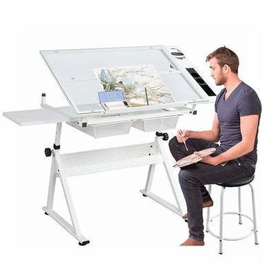 Drafting Table with Stool, Adjustable Height Drawing Table for Artists, 0-75° Tilting Glass Tabletop Art Craft Desk Watercolour Painting Workstation for Home School, White