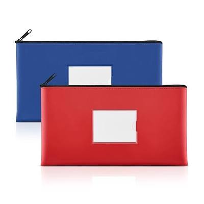 SMARTAKE 2-Pack Bank Deposit Money Bags with Zipper, 11.5 x 6.2 Inches | Waterproof PU Leather, Cash Coin Pouches with DIY Label, for Invoices, Bills, Tools, Receipts, Cosmetics, Navy Blue & Red