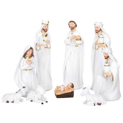 Bozidol Nativity Set Chiristmas Gift - 9 Piece Religious Indoor Nativity Scene 7.5" Figurine White Gold Simple Resin Home Decor Ornament