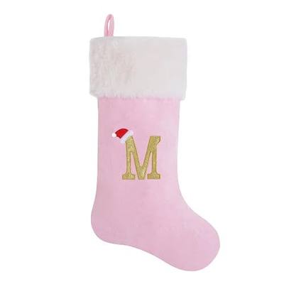 20-Inch Letter Embroidered Christmas Stocking Thick and Luxurious Pink Velvet with Super Soft Plush Cuff Personalized Festival Decoration for Xmas and New Year Party(Letter M)