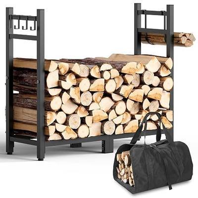 34inch Firewood Rack Indoor with Log Carrier,Outdoor Wood Rack for Firewood | Fire Wood Storage with Kindling Hooks, Adjustable Pads, Heavy Duty Logs Holder for Fireplace Deck Outdoor, Black