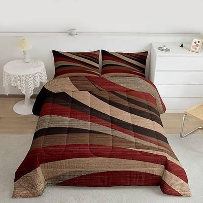 Feelyou Burgundy Red Brown Stripe Line Comforter Set Queen Size Kids Geometric Comforter for Boys Teens Geometric Bedding Set Breathable Abstract Duvet Set Room Decor Quilt Set