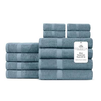 Villa Celestia 12-Piece 100% Cotton Towel Set, 4 Bath Towels, 4 Hand Towels, 4 Wash Cloth, Quick-Dry, Blue