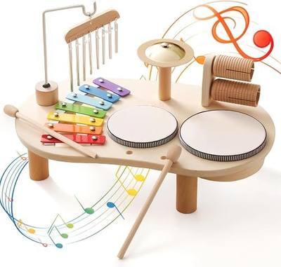 Wooden Drum Set for Toddlers 1-3, Musical Percussion Instruments for Kids Baby Drum Set Xylophone, Montessori Educational Musical Toys, Gifts for Girls Boys Ages 3+