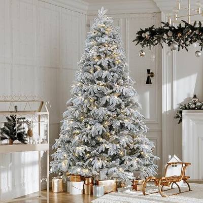 Edergoo Flocked Christmas Tree Prelit, 7.5 ft Prelit Christmas Tree with Lights, Artificial Tree with 2700 Realistic Tips & 400 Lights Includes 10 Modes, On/Off Foot Flash Pedal